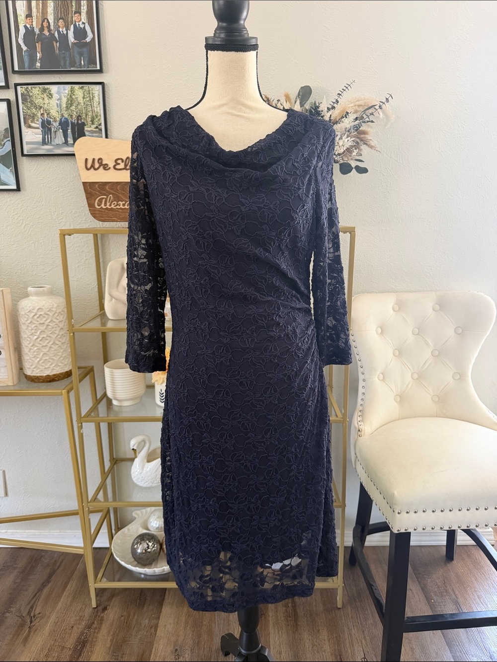 Coldwater Creek Navy Lace Cowl Neck Long Sleeve Dress